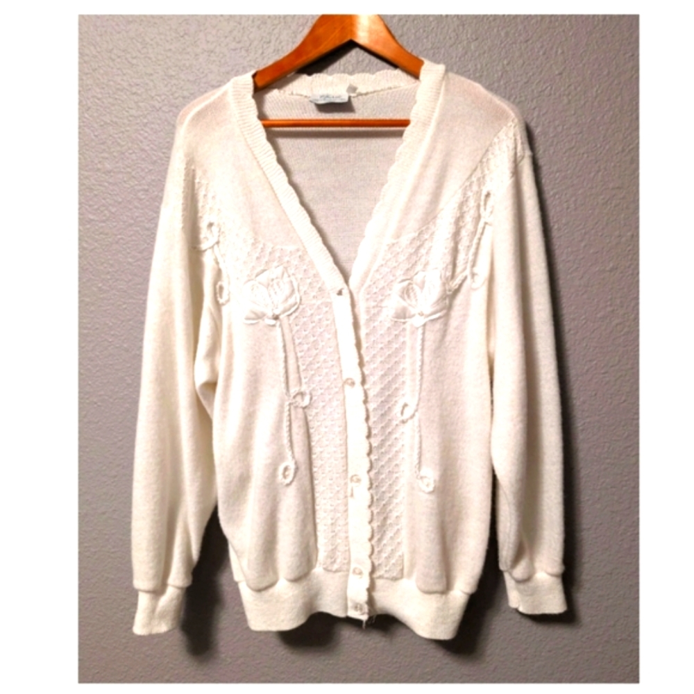 VTG Classic Knitwear White Sweater Pearls Embroidered Embellishments Sz.14/16